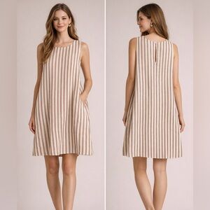 Striped Sleeveless A-Line Linen Dress in White and Brown